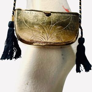 Vintage Real 1970 Gold Crossbody Bag with Black Tassels